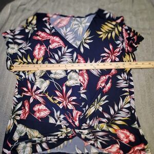 PerSeption Concept Casual Top Women XL Navy Floral Boxy FAUX‎ Front Tie
